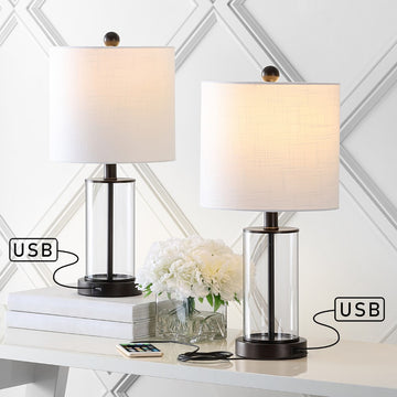 Abner 21" Glass Modern Contemporary USB Charging LED Table Lamp - JONATHAN Y